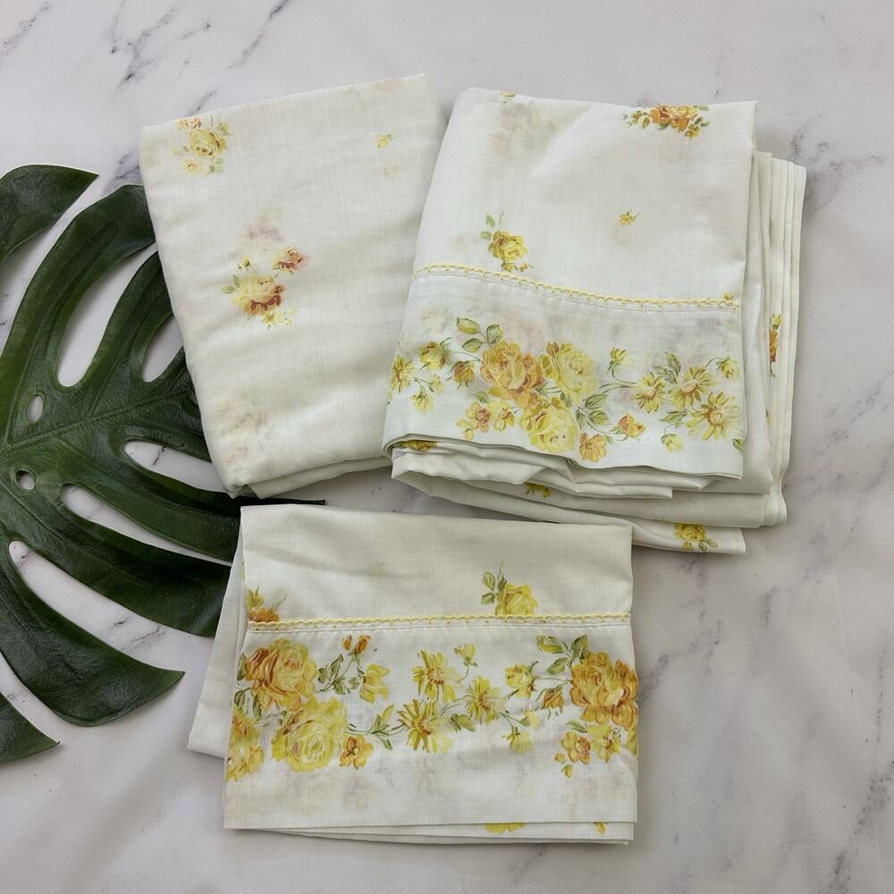 Fashion Manor Vintage 70s Bed Sheet Set Double Full Yellow Rose Floral Cottage